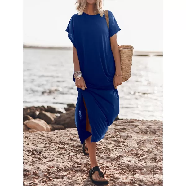 imageANRABESS Womens Summer TShirt Maxi Dress Batwing Sleeve Crewneck Casual Loose Slit Side Long Beach DressesDeep Blue