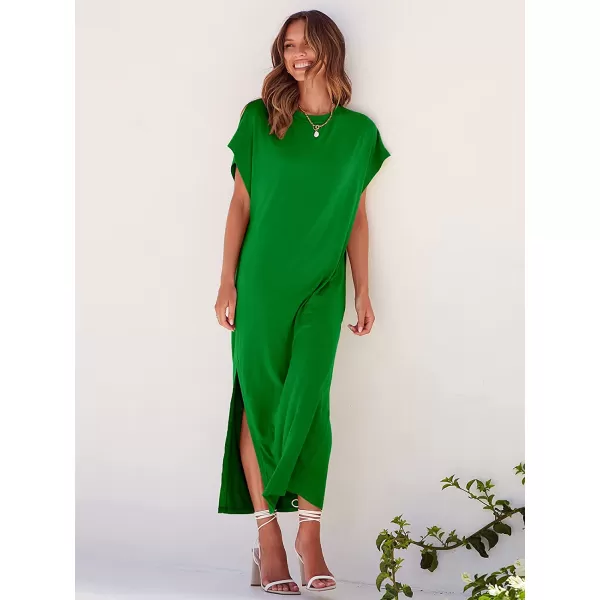 imageANRABESS Womens Summer TShirt Maxi Dress Batwing Sleeve Crewneck Casual Loose Slit Side Long Beach DressesGreen