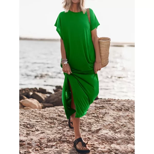 imageANRABESS Womens Summer TShirt Maxi Dress Batwing Sleeve Crewneck Casual Loose Slit Side Long Beach DressesGreen