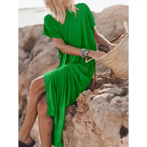 imageANRABESS Womens Summer TShirt Maxi Dress Batwing Sleeve Crewneck Casual Loose Slit Side Long Beach DressesGreen