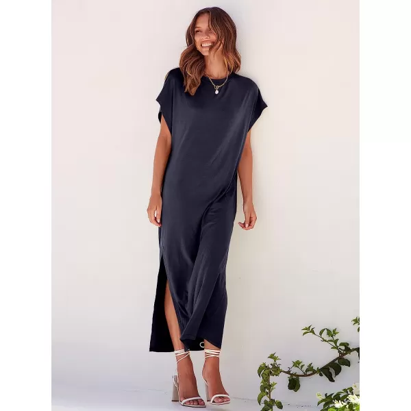 imageANRABESS Womens Summer TShirt Maxi Dress Batwing Sleeve Crewneck Casual Loose Slit Side Long Beach DressesNavy Blue