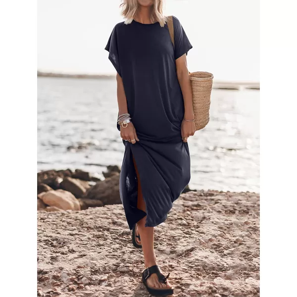 imageANRABESS Womens Summer TShirt Maxi Dress Batwing Sleeve Crewneck Casual Loose Slit Side Long Beach DressesNavy Blue