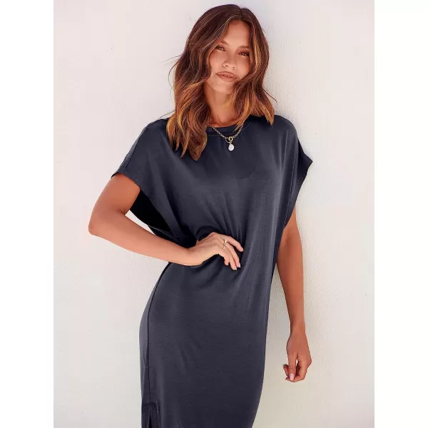 imageANRABESS Womens Summer TShirt Maxi Dress Batwing Sleeve Crewneck Casual Loose Slit Side Long Beach DressesNavy Blue