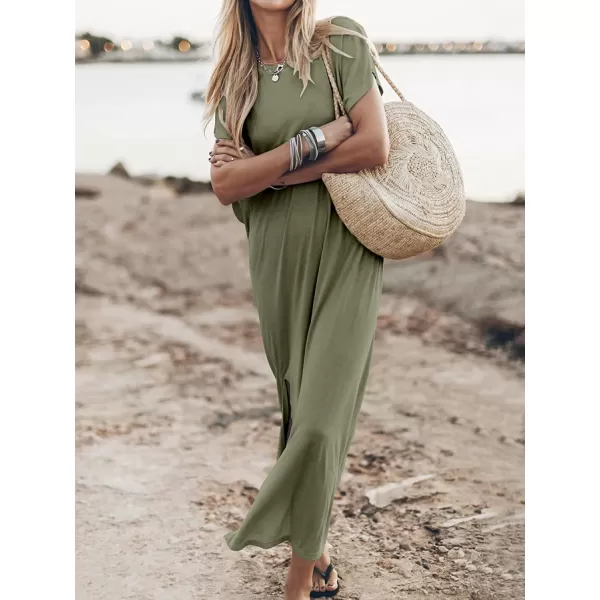 imageANRABESS Womens Summer TShirt Maxi Dress Batwing Sleeve Crewneck Casual Loose Slit Side Long Beach DressesOlive