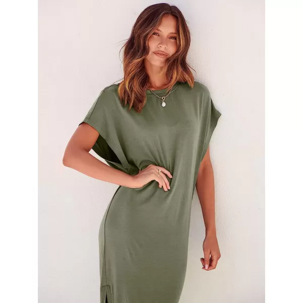 imageANRABESS Womens Summer TShirt Maxi Dress Batwing Sleeve Crewneck Casual Loose Slit Side Long Beach DressesOlive