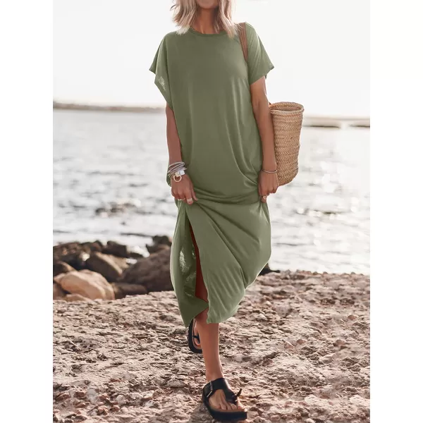 imageANRABESS Womens Summer TShirt Maxi Dress Batwing Sleeve Crewneck Casual Loose Slit Side Long Beach DressesOlive