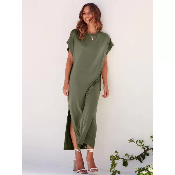 imageANRABESS Womens Summer TShirt Maxi Dress Batwing Sleeve Crewneck Casual Loose Slit Side Long Beach DressesOlive