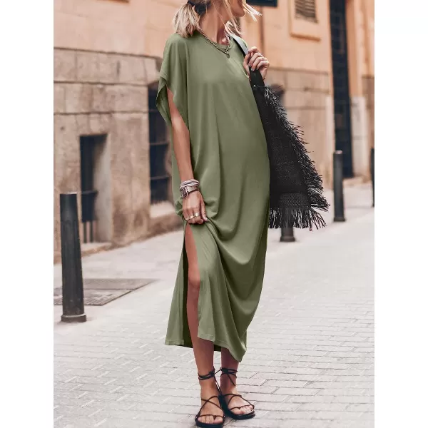 imageANRABESS Womens Summer TShirt Maxi Dress Batwing Sleeve Crewneck Casual Loose Slit Side Long Beach DressesOlive