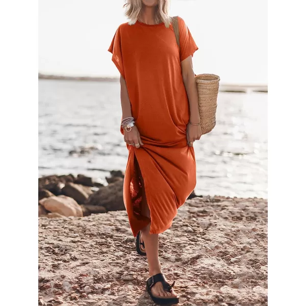 imageANRABESS Womens Summer TShirt Maxi Dress Batwing Sleeve Crewneck Casual Loose Slit Side Long Beach DressesOrange