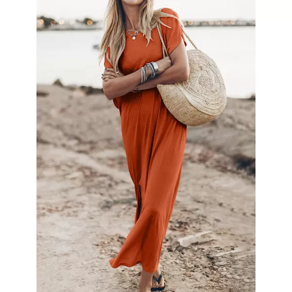 imageANRABESS Womens Summer TShirt Maxi Dress Batwing Sleeve Crewneck Casual Loose Slit Side Long Beach DressesOrange