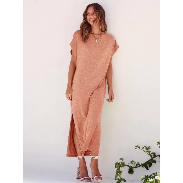 imageANRABESS Womens Summer TShirt Maxi Dress Batwing Sleeve Crewneck Casual Loose Slit Side Long Beach DressesPeach