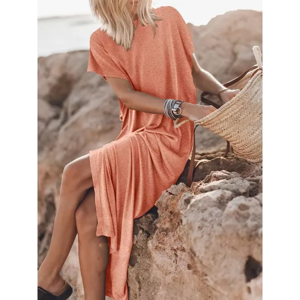 imageANRABESS Womens Summer TShirt Maxi Dress Batwing Sleeve Crewneck Casual Loose Slit Side Long Beach DressesPeach