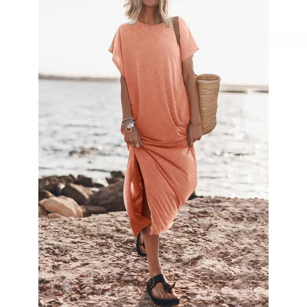 imageANRABESS Womens Summer TShirt Maxi Dress Batwing Sleeve Crewneck Casual Loose Slit Side Long Beach DressesPeach