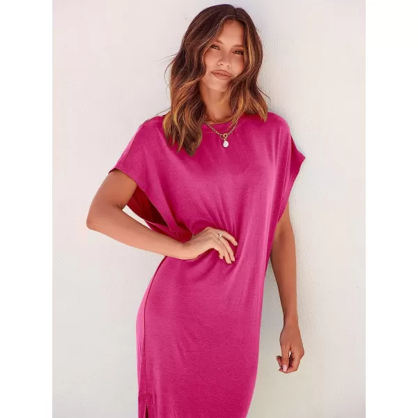 imageANRABESS Womens Summer TShirt Maxi Dress Batwing Sleeve Crewneck Casual Loose Slit Side Long Beach DressesPink