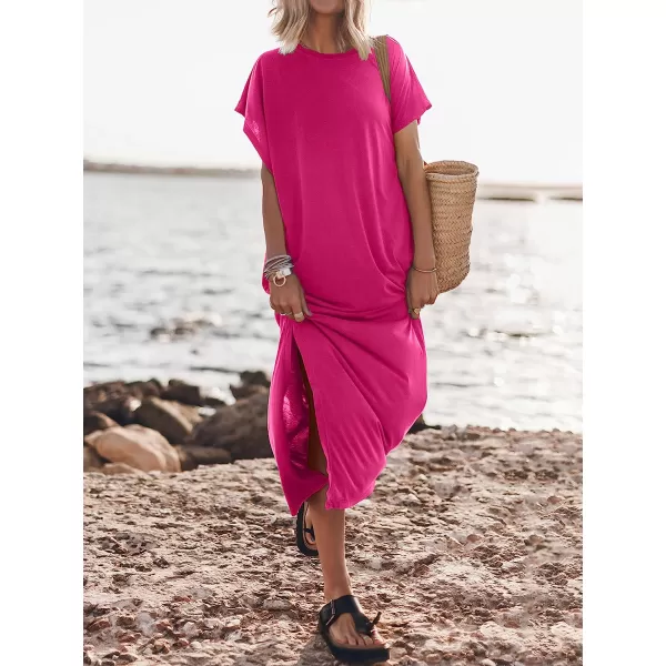 imageANRABESS Womens Summer TShirt Maxi Dress Batwing Sleeve Crewneck Casual Loose Slit Side Long Beach DressesPink