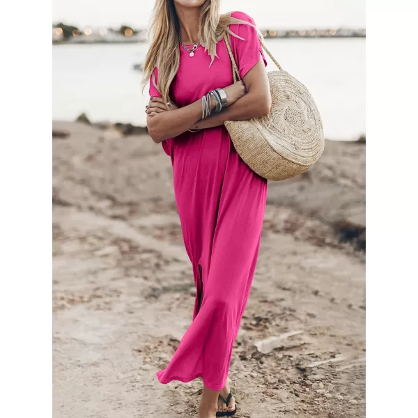 imageANRABESS Womens Summer TShirt Maxi Dress Batwing Sleeve Crewneck Casual Loose Slit Side Long Beach DressesPink