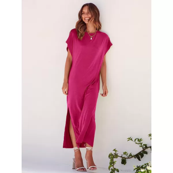 imageANRABESS Womens Summer TShirt Maxi Dress Batwing Sleeve Crewneck Casual Loose Slit Side Long Beach DressesPink