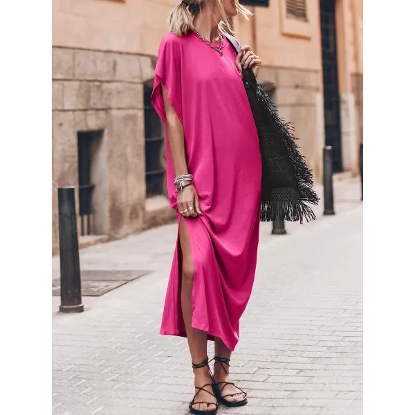 imageANRABESS Womens Summer TShirt Maxi Dress Batwing Sleeve Crewneck Casual Loose Slit Side Long Beach DressesPink