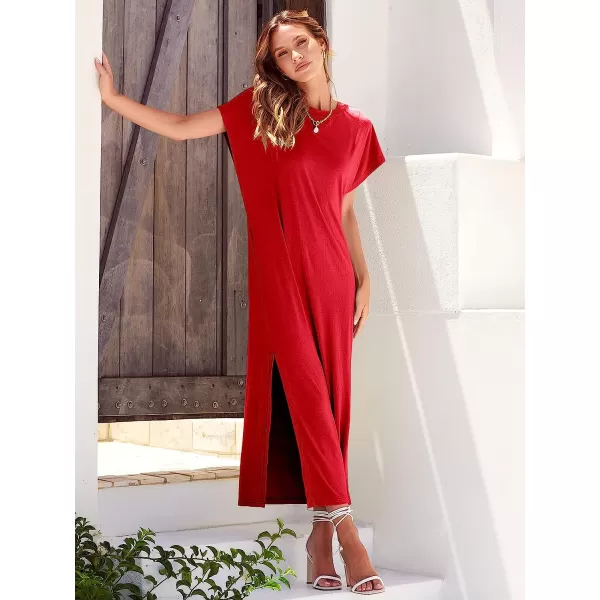 imageANRABESS Womens Summer TShirt Maxi Dress Batwing Sleeve Crewneck Casual Loose Slit Side Long Beach DressesRed