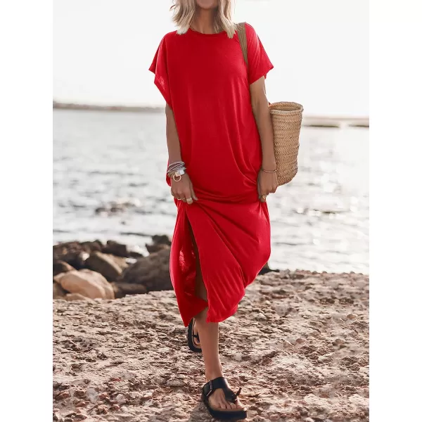 imageANRABESS Womens Summer TShirt Maxi Dress Batwing Sleeve Crewneck Casual Loose Slit Side Long Beach DressesRed