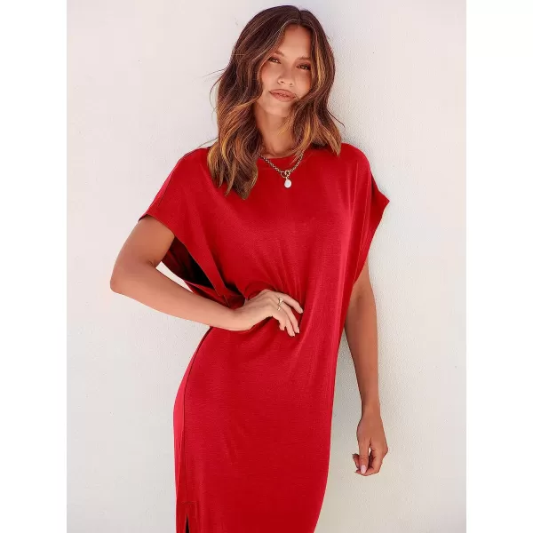 imageANRABESS Womens Summer TShirt Maxi Dress Batwing Sleeve Crewneck Casual Loose Slit Side Long Beach DressesRed