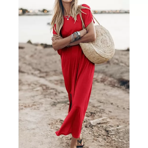 imageANRABESS Womens Summer TShirt Maxi Dress Batwing Sleeve Crewneck Casual Loose Slit Side Long Beach DressesRed