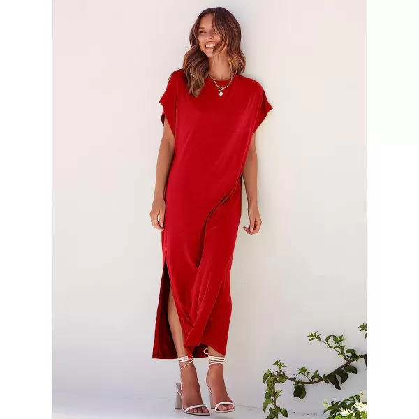imageANRABESS Womens Summer TShirt Maxi Dress Batwing Sleeve Crewneck Casual Loose Slit Side Long Beach DressesRed