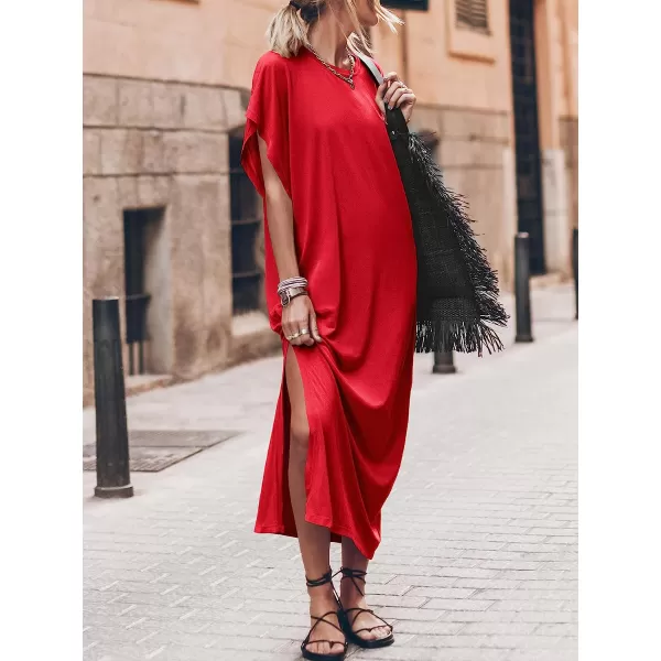 imageANRABESS Womens Summer TShirt Maxi Dress Batwing Sleeve Crewneck Casual Loose Slit Side Long Beach DressesRed