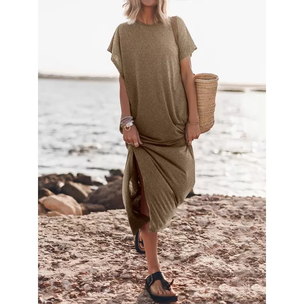 imageANRABESS Womens Summer TShirt Maxi Dress Batwing Sleeve Crewneck Casual Loose Slit Side Long Beach DressesTaupe
