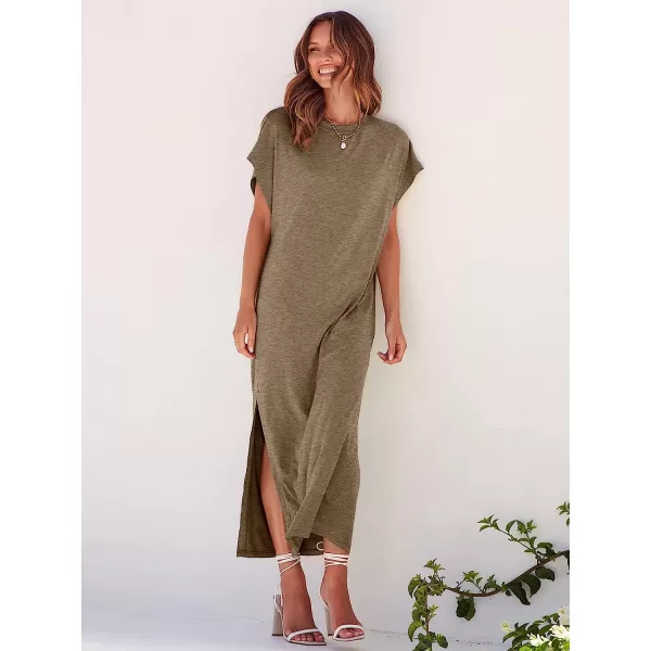 imageANRABESS Womens Summer TShirt Maxi Dress Batwing Sleeve Crewneck Casual Loose Slit Side Long Beach DressesTaupe