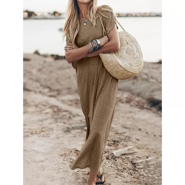 imageANRABESS Womens Summer TShirt Maxi Dress Batwing Sleeve Crewneck Casual Loose Slit Side Long Beach DressesTaupe