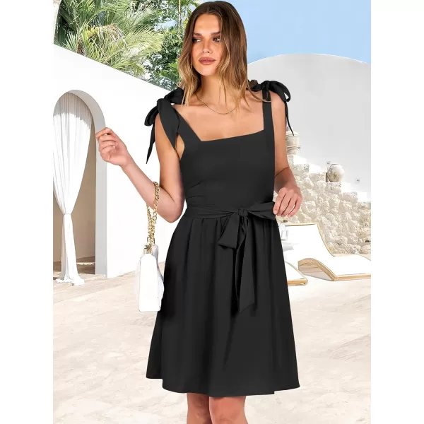 imageANRABESS Womens Summer Tie Strap Mini Dress Square Neck Smocked Sleeveless A Line Swing Elegant Cute Short DressesBlack