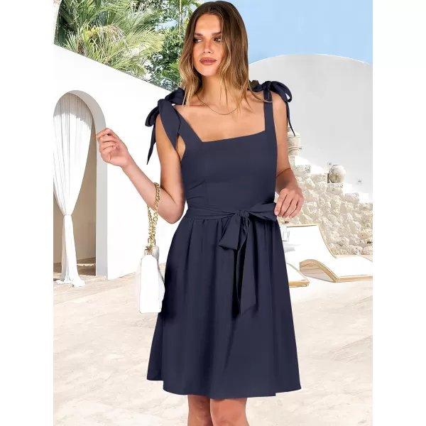 imageANRABESS Womens Summer Tie Strap Mini Dress Square Neck Smocked Sleeveless A Line Swing Elegant Cute Short DressesDark Blue