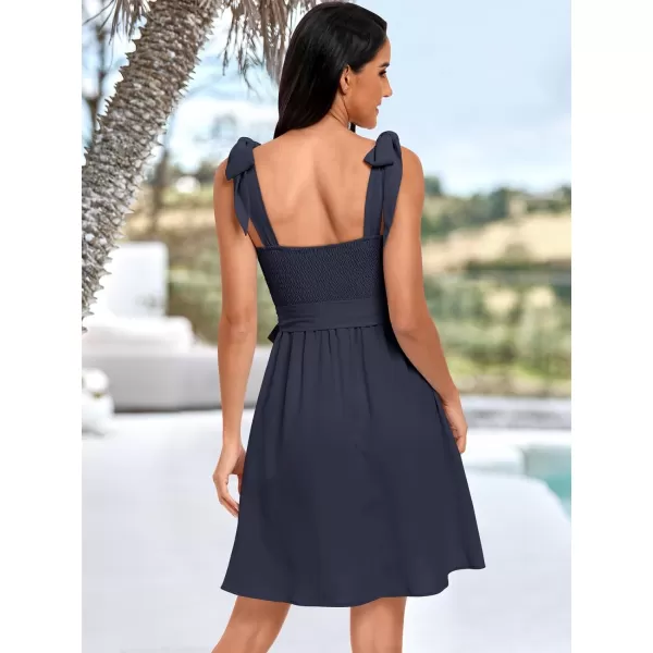 imageANRABESS Womens Summer Tie Strap Mini Dress Square Neck Smocked Sleeveless A Line Swing Elegant Cute Short DressesDark Blue