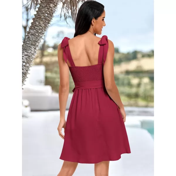 imageANRABESS Womens Summer Tie Strap Mini Dress Square Neck Smocked Sleeveless A Line Swing Elegant Cute Short DressesDark Red