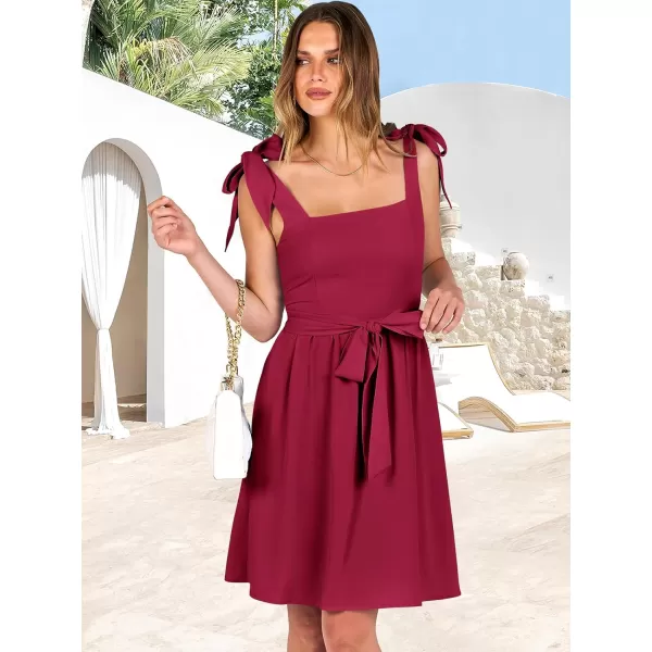 imageANRABESS Womens Summer Tie Strap Mini Dress Square Neck Smocked Sleeveless A Line Swing Elegant Cute Short DressesDark Red