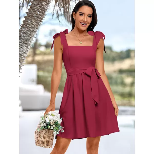 imageANRABESS Womens Summer Tie Strap Mini Dress Square Neck Smocked Sleeveless A Line Swing Elegant Cute Short DressesDark Red