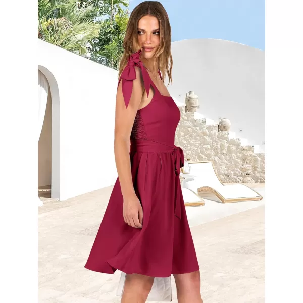 imageANRABESS Womens Summer Tie Strap Mini Dress Square Neck Smocked Sleeveless A Line Swing Elegant Cute Short DressesDark Red