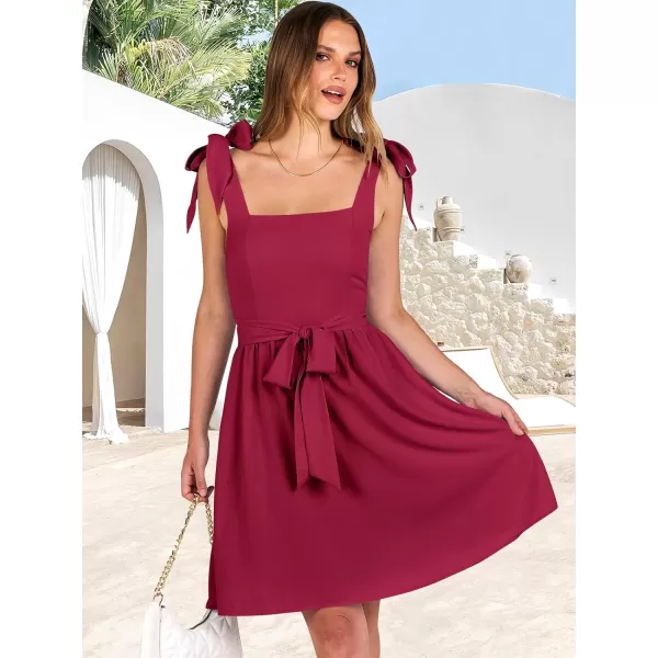 imageANRABESS Womens Summer Tie Strap Mini Dress Square Neck Smocked Sleeveless A Line Swing Elegant Cute Short DressesDark Red