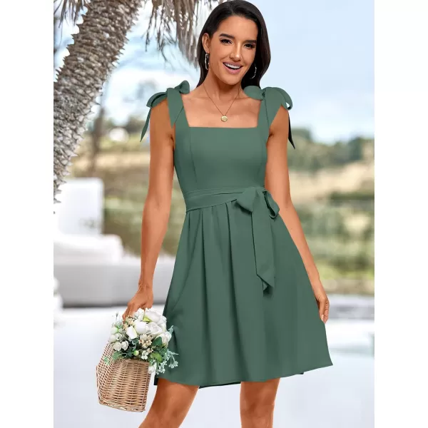 imageANRABESS Womens Summer Tie Strap Mini Dress Square Neck Smocked Sleeveless A Line Swing Elegant Cute Short DressesGreen