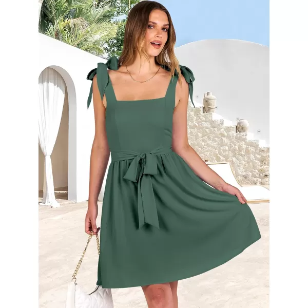 imageANRABESS Womens Summer Tie Strap Mini Dress Square Neck Smocked Sleeveless A Line Swing Elegant Cute Short DressesGreen