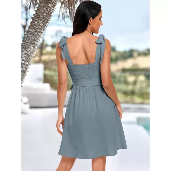 imageANRABESS Womens Summer Tie Strap Mini Dress Square Neck Smocked Sleeveless A Line Swing Elegant Cute Short DressesGrey Blue