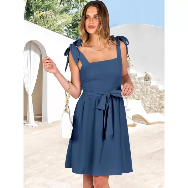 imageANRABESS Womens Summer Tie Strap Mini Dress Square Neck Smocked Sleeveless A Line Swing Elegant Cute Short DressesNavy Blue