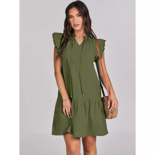 imageANRABESS Womens Summer VNeck Drawstring Ruffle Cap Short Sleeve Casual Shift Mini Dress with PocketsArmy Green