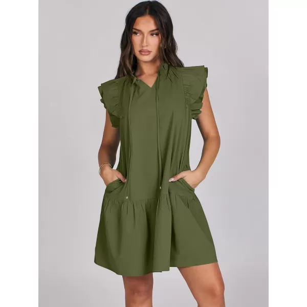 imageANRABESS Womens Summer VNeck Drawstring Ruffle Cap Short Sleeve Casual Shift Mini Dress with PocketsArmy Green