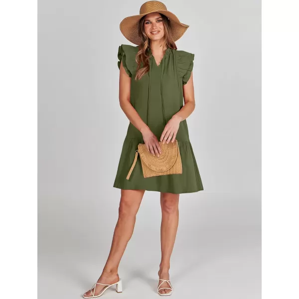 imageANRABESS Womens Summer VNeck Drawstring Ruffle Cap Short Sleeve Casual Shift Mini Dress with PocketsArmy Green