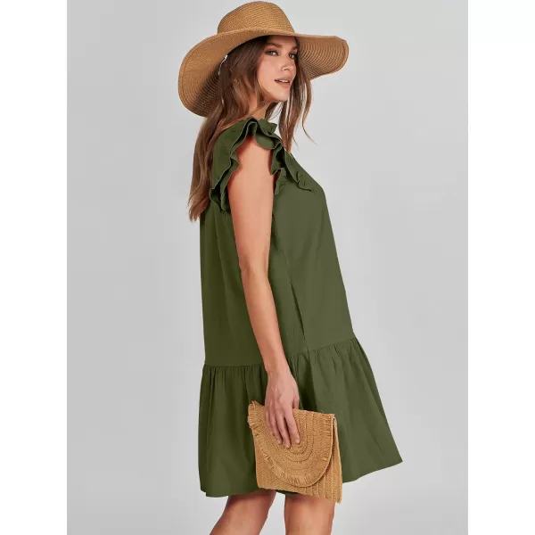 imageANRABESS Womens Summer VNeck Drawstring Ruffle Cap Short Sleeve Casual Shift Mini Dress with PocketsArmy Green