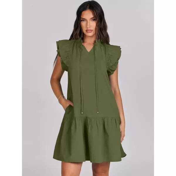 imageANRABESS Womens Summer VNeck Drawstring Ruffle Cap Short Sleeve Casual Shift Mini Dress with PocketsArmy Green