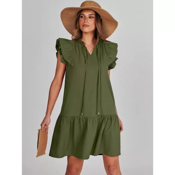 imageANRABESS Womens Summer VNeck Drawstring Ruffle Cap Short Sleeve Casual Shift Mini Dress with PocketsArmy Green