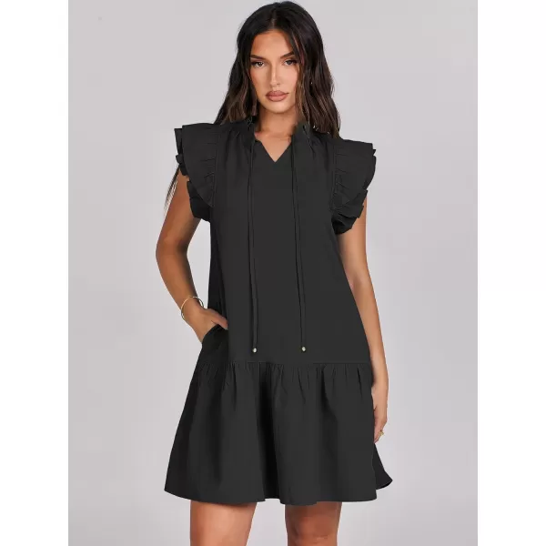 imageANRABESS Womens Summer VNeck Drawstring Ruffle Cap Short Sleeve Casual Shift Mini Dress with PocketsBlack
